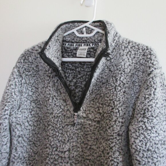 VS Pink Teddy Bear Fleece Gray Black Sherpa 1/4 Zip Pullover Women's Size XS - Picture 2 of 9